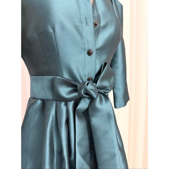 Ecaille Paris Teal 3/4 Sleeve Tie Waist Taffeta Midi A-Line Shirt Dress Size 6 - Picture 3 of 7